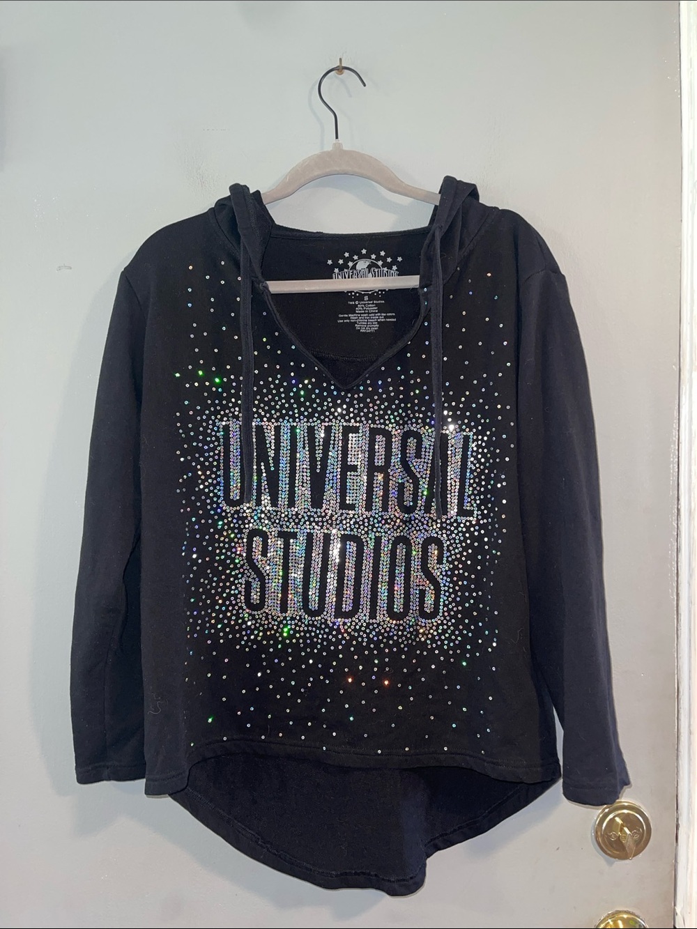 Universal Studios Women's Sequin Hoodie Long Sleeve Black V Neck Size S